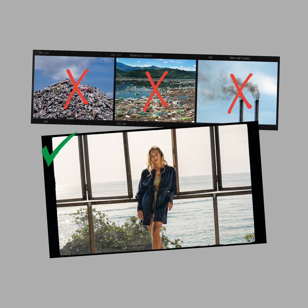 Images showing the disastrous environmental impacts of the global clothing industry but also a smiling woman in sunshine showing that style can and should be in harmony with the planet.