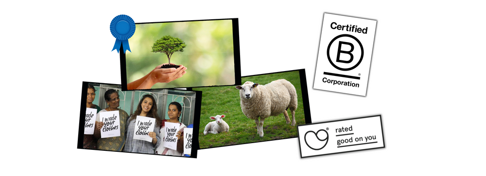 Images representing care for the environment, people and animals in the clothing industry and logos signifying excellence in sustainable and responsible business practices.