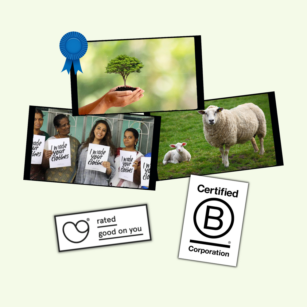 Images representing care for the environment, people and animals in the clothing industry and logos signifying excellence in sustainable and responsible business practices.
