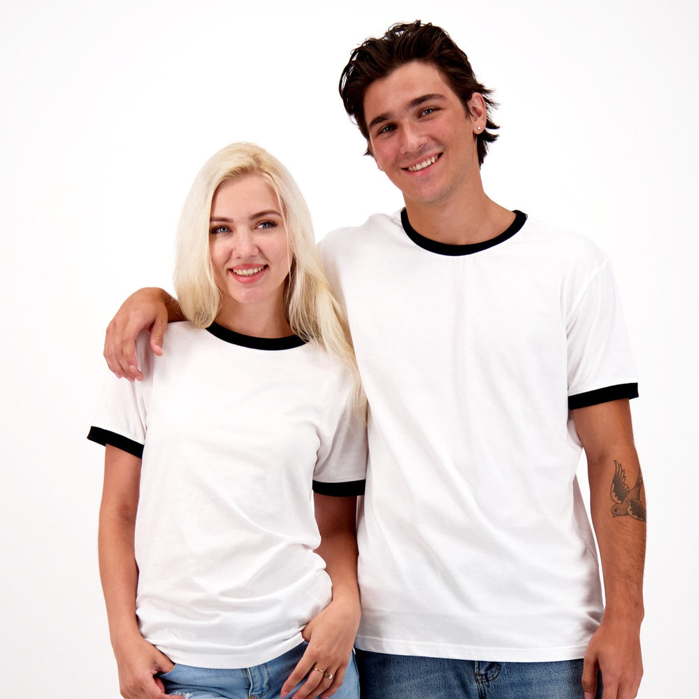 A woman and man posing in sustainably made classic white tee shits with colored piping from The Good Tee.