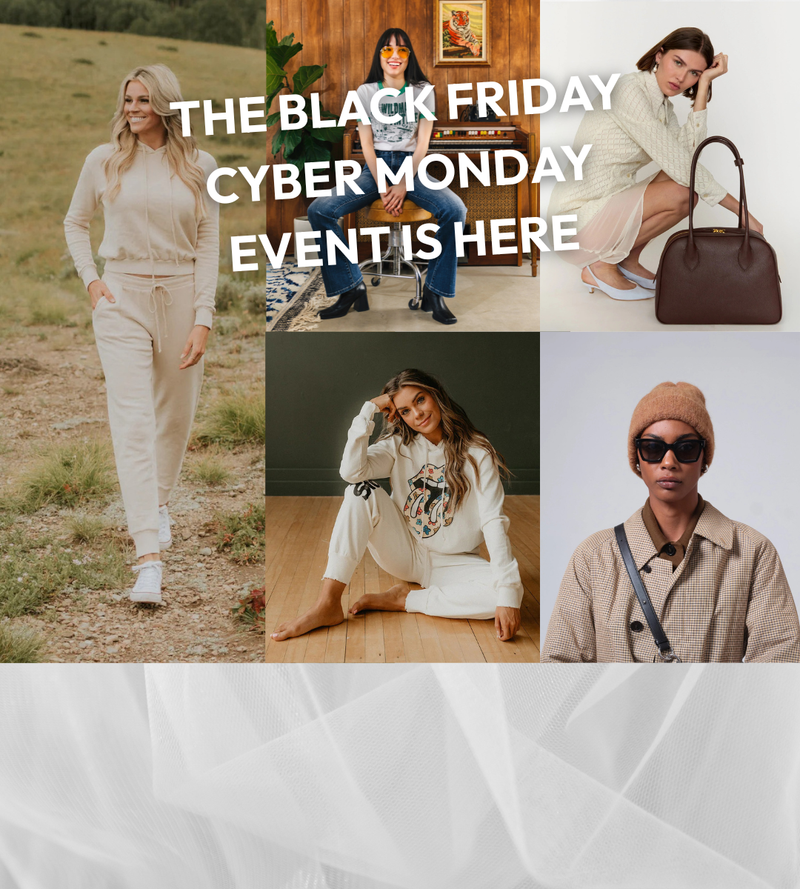 Promotional collage for Black Friday and Cyber Monday with images of people in stylish outfits.