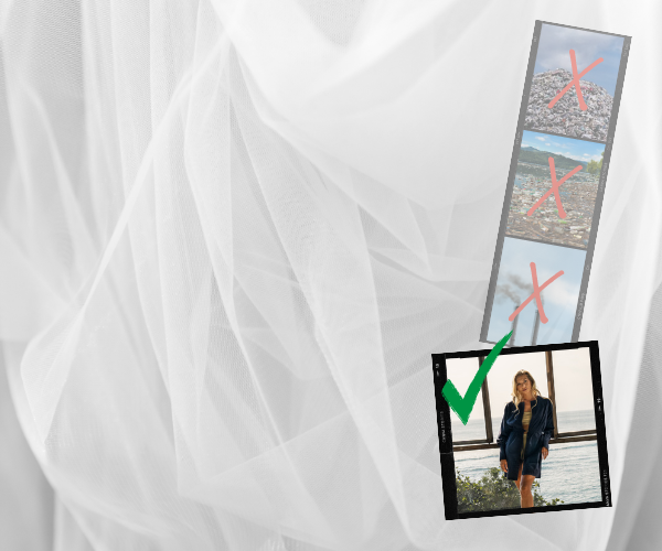 Images showing the disastrous environmental impacts of the global clothing industry but also a smiling woman in sunshine showing that things can be different.