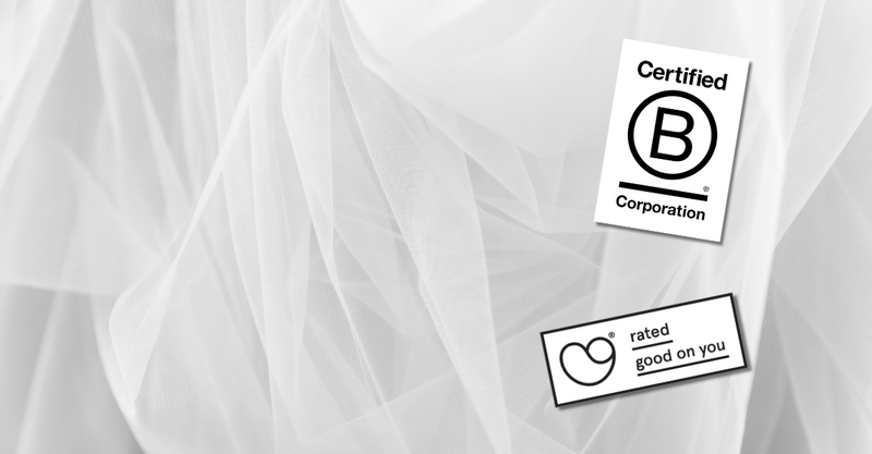 Certified B Corporation and Good On You labels to demonstrate that UNUMSHOP only carries the most sustainable and responsible apparel brands.