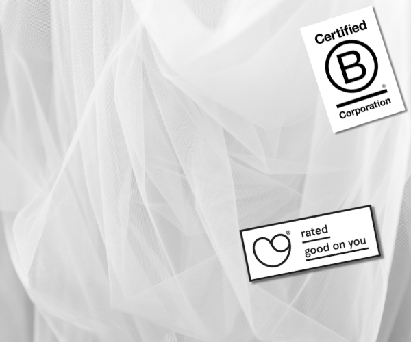 Certified B Corporation and Good On You labels to demonstrate that UNUMSHOP only carries the most sustainable and responsible apparel brands.