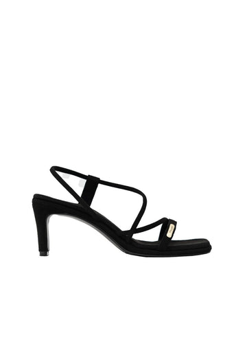 A black heeled sandal with thin straps and a low heel, featuring an Eco Suede finish and a Zahonero Comfort Insole, is shown against a plain white background. This is the Vegas LAS - High Heels - Onyx by 1 People.